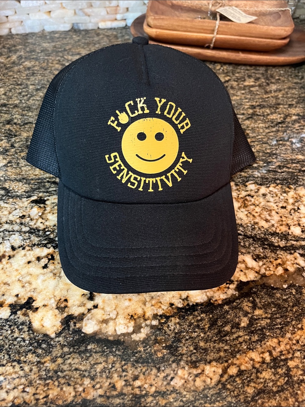 Black Rifle Coffee co Trucker Hat with Yellow Smiley & Bold Text new!
